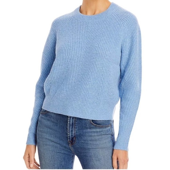 AQUA Cashmere Ribbed Cashmere Sweater-Heather Blue Small - Picture 1 of 3